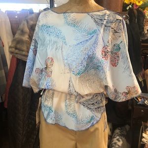Vintage 1970’s/80’s - silky, butterfly print top - ties at sides - blousy style